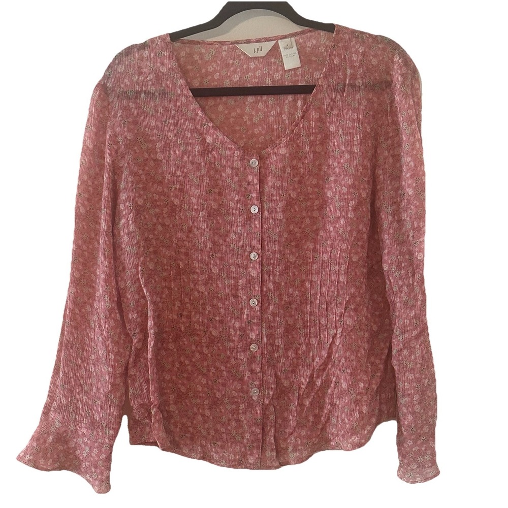 J Jill Silk Pink Floral Micro Pleated Semi Sheer Long Sleeve Button Up Top Sz S
